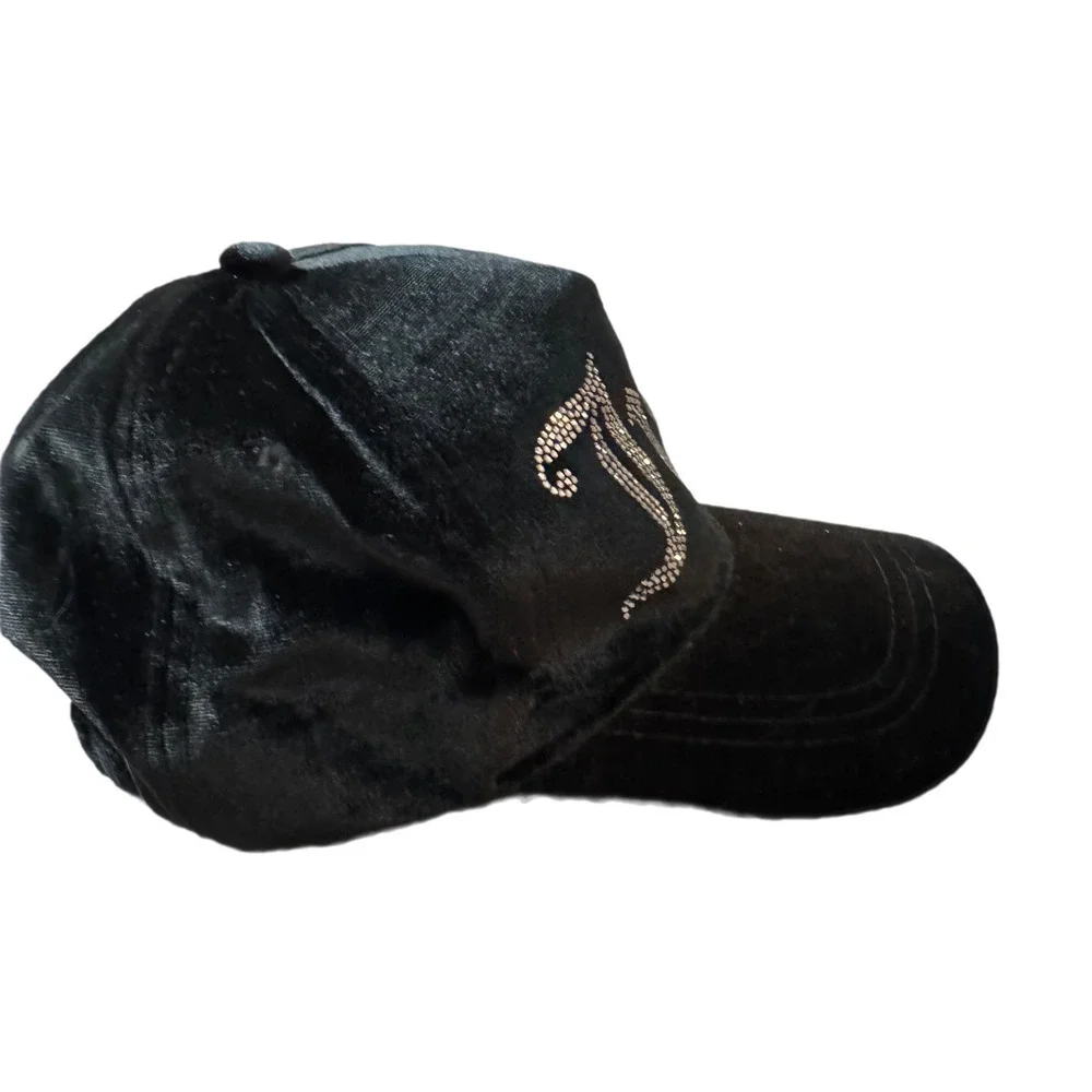 Juicy Couture Black Velvet Rhinestone Logo Y2K Baseball Cap Hat One Size